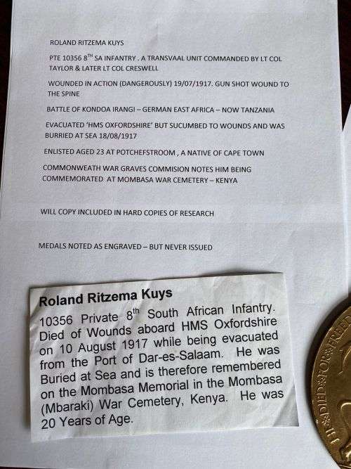 WW1 DEATH PLAQUE FOR ROLAND RITZEMA KUYS 8TH SA INFANTRY ,A TRANSVAAL UNIT WOUNDED IN ACTION DANGERO