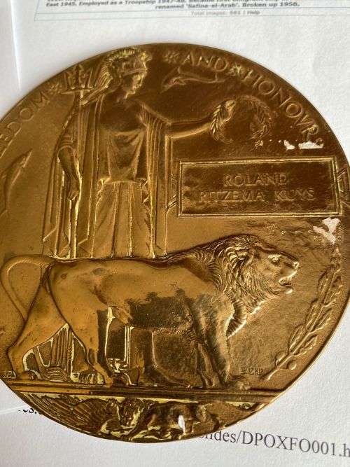 WW1 DEATH PLAQUE FOR ROLAND RITZEMA KUYS 8TH SA INFANTRY ,A TRANSVAAL UNIT WOUNDED IN ACTION DANGERO