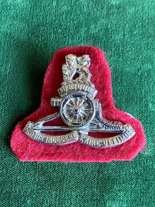SA FIELD ARTILLERY CHROMED BERET BADGE- WORN FROM 1990`S-2 PINS-SMALLER VARIATION