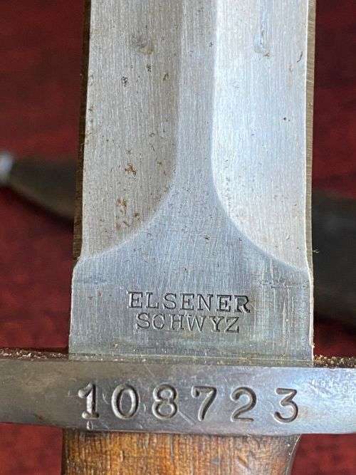 SWISS 1918 BAYONET WITH ITS LARGER HILT AND DOUBLE EDGE BLADE-MANUFACTURER ELSENER SCHEYZ-OVERALL LE
