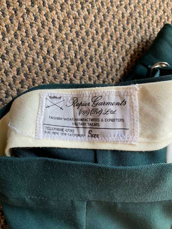 RHODESIAN GREENS,COMPLETE WITH TROUSERS,SAM BROWN AND PARADE RLI GLOVES-IT BELONGED TO DES JORDAAN-