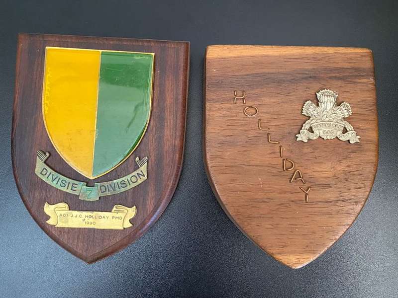 2X PLAQUES WHO BELONGED TO AO1 J.J.C. HOLLIDAY PMD