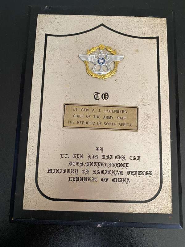 A PLAQUE PRESENTED TO LT. GEN A.J. LIEBENBERG