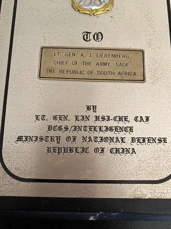 A PLAQUE PRESENTED TO LT. GEN A.J. LIEBENBERG