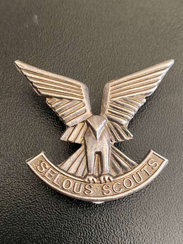 GUARANTEED ORIGINAL OFFICERS SILVER RHODESIAN SELOUS SCOUTS,CAP BADGE- 2 LUGS-REUTELER SALISBURY AND