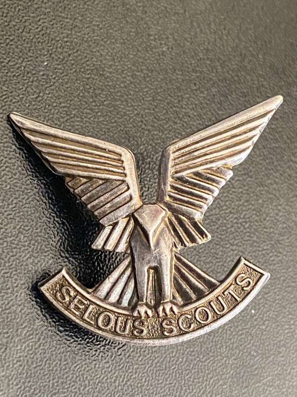 GUARANTEED ORIGINAL OFFICERS SILVER RHODESIAN SELOUS SCOUTS,CAP BADGE- 2 LUGS-REUTELER SALISBURY AND
