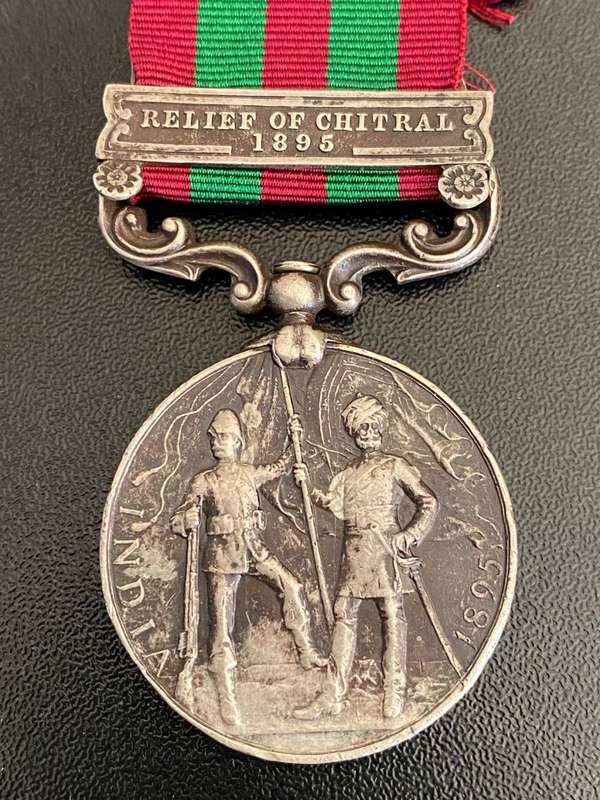 FULL SIZE (SILVER) INDIA MEDAL WITH RELIEF OF CHITRAL 1895 CLASP-AWARDED TO 1205 SCLROY MALAGAR 37TH