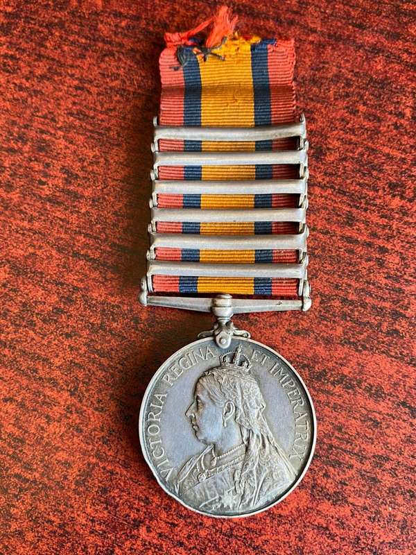 FULL SIZE 6 CLASPS QSA MEDAL WITH CLEAR GHOST DATES-AWARDED TO 25522 SAPR. T. CONIBEERE R.E.-NAMING