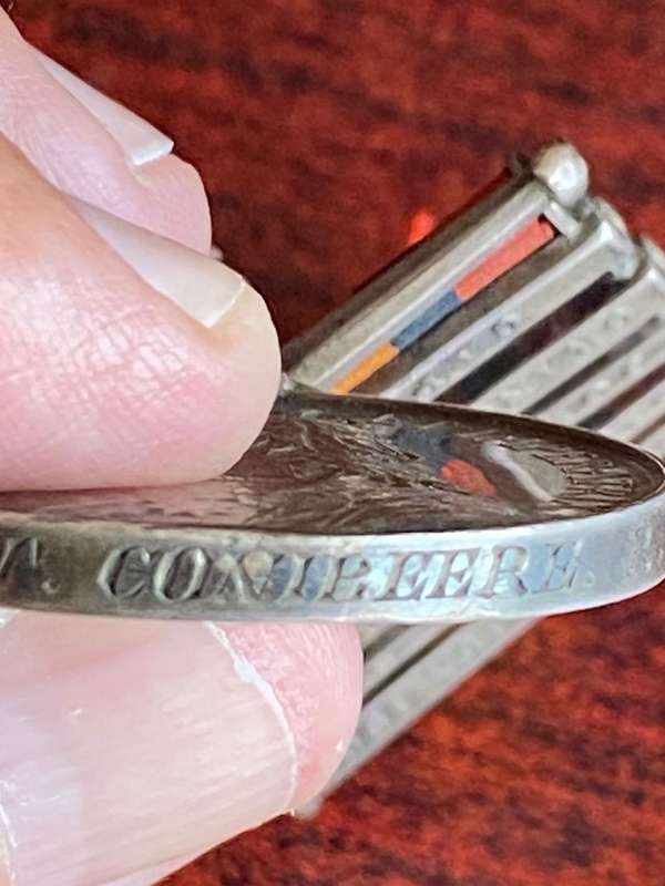 FULL SIZE 6 CLASPS QSA MEDAL WITH CLEAR GHOST DATES-AWARDED TO 25522 SAPR. T. CONIBEERE R.E.-NAMING