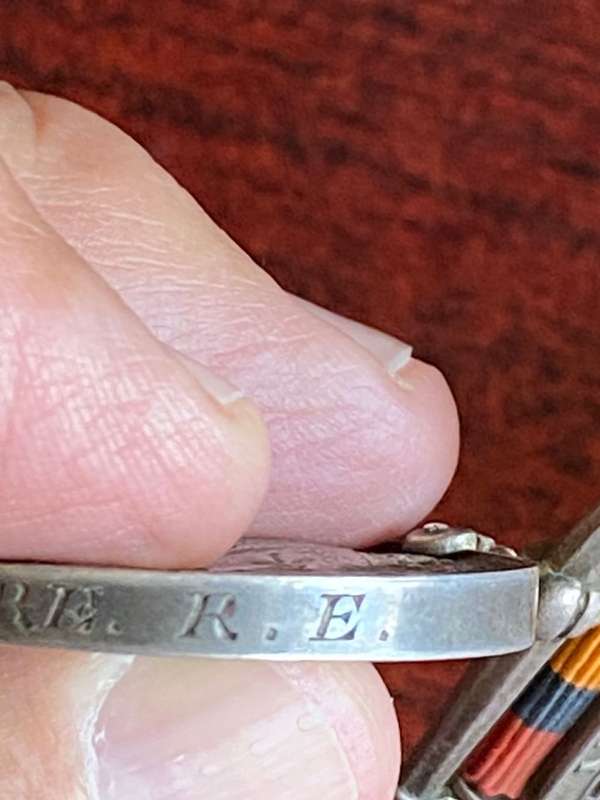 FULL SIZE 6 CLASPS QSA MEDAL WITH CLEAR GHOST DATES-AWARDED TO 25522 SAPR. T. CONIBEERE R.E.-NAMING