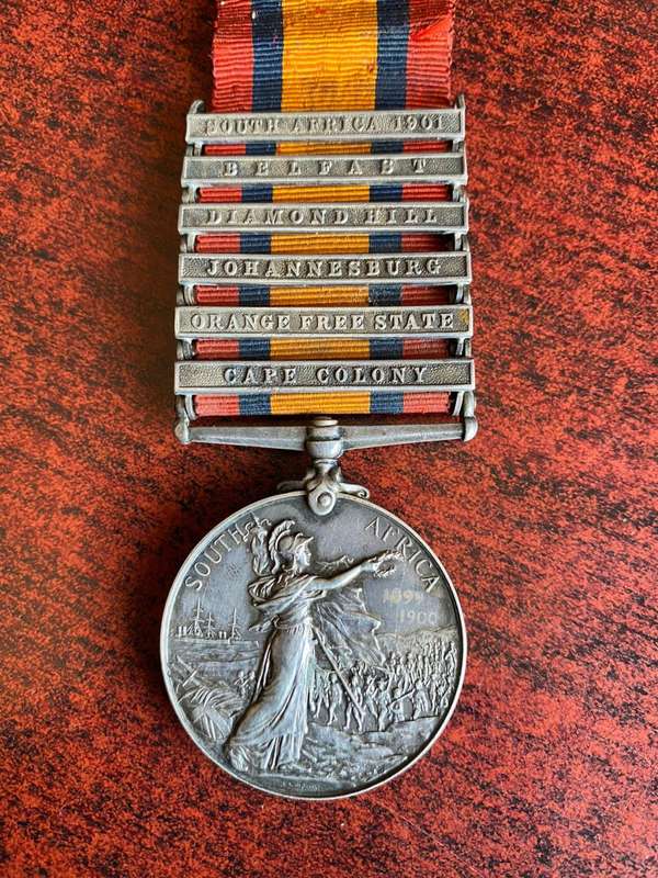 FULL SIZE 6 CLASPS QSA MEDAL WITH CLEAR GHOST DATES-AWARDED TO 25522 SAPR. T. CONIBEERE R.E.-NAMING