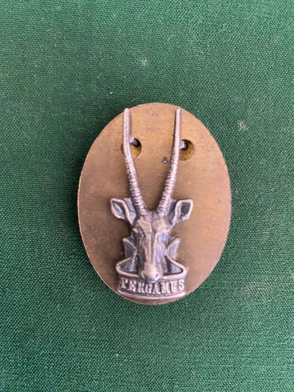 SWA HEAD QUARTERS,OXIDISED SILVER CAP BADGE-SMALL VARIATION BACK PLATE-MEASURES 45 X 35 MM-ALL PINS