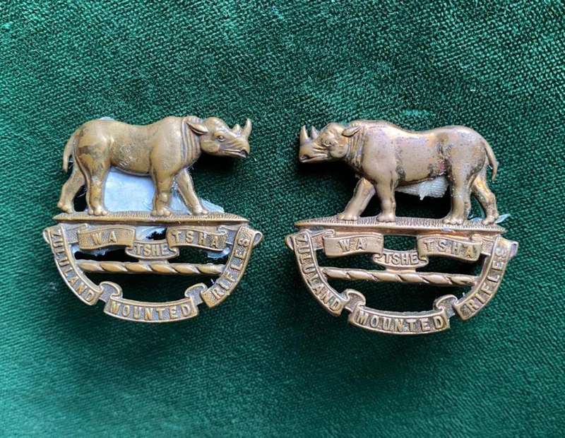 ZULULAND MOUNTED RIFLES,BRASS COLLAR BADGE,PAIR-WORN 1904-1913-LUGS INTACT -SCARCE
