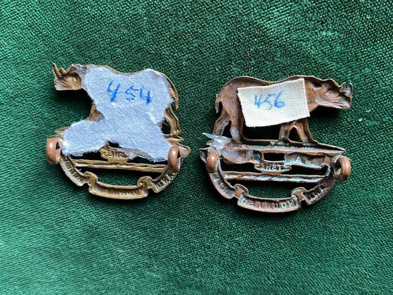 ZULULAND MOUNTED RIFLES,BRASS COLLAR BADGE,PAIR-WORN 1904-1913-LUGS INTACT -SCARCE