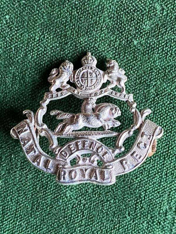 NATAL ROYAL REGIMENT WHITE METAL COLLAR BADGE-WORN 1902-1913- 2 LUGS