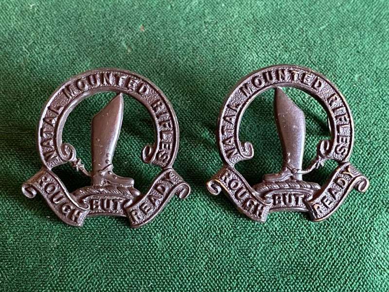 NATAL MOUNTED RIFLES DARKENED BRASS COLLAR BADGE PAIR-WORN 1939-45-LUGS INTACT