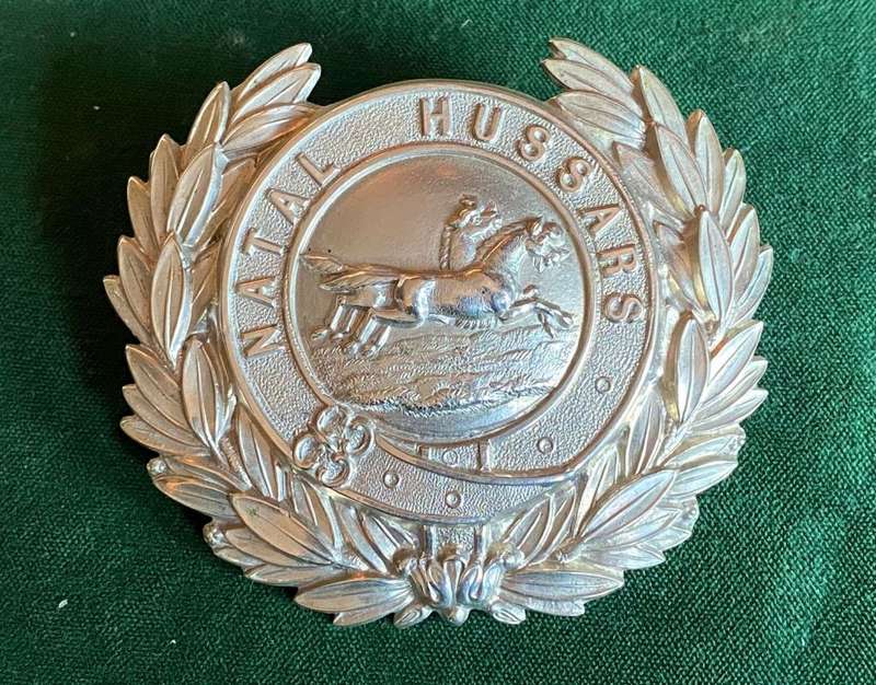 NATAL HUSSARS WHITE METAL HELMET PLATE-WORN PRIOR TO 1887- 2 LUGS-MEASURES 78X67 MM