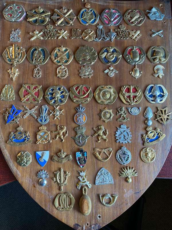 LARGE SELECTION OF DUTCH BADGES-SOLD TOGETHER -MOUNTED ON A WOODEN SHIELD THAT MEASURES 58,5X45 CM-