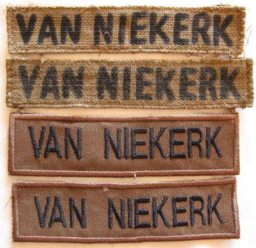 SADF SELECTION OF 4 NAME BADGES AS WORN DURING THE BUSHWAR.