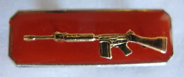 ARMY SHARPSHOOTER INSTRUCTORS BADGE - GOLD ON RED.  2 PIECE - 2 PINS