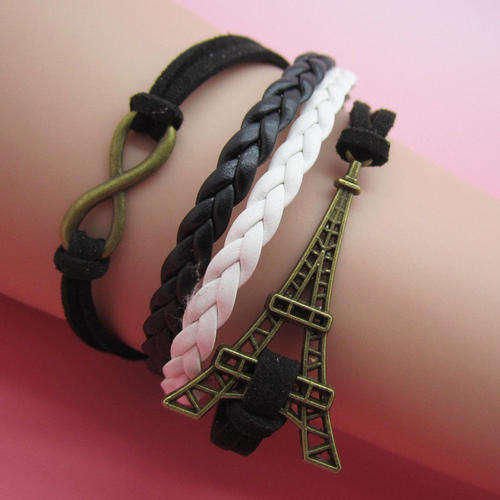 Infinity Bracelet - Black & white - Bronze infinity & Eiffel tower