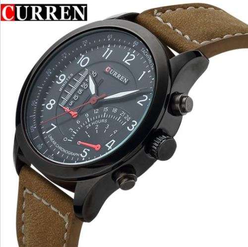 Excellent Quality Curren Sport Wrist Watch With Dark Brown Leather Strap & Sapphire Mirror