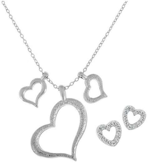 Elegant Silver Plated Tripple Heart Pendant Necklace & Crystal Heart Shaped Earrings