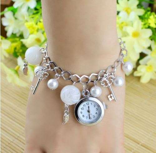Elegant Silver Ladies Charm Bracelet Wrist Watch