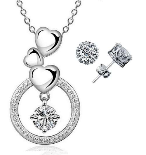 Ladies Fashion 925 Silver Plated Bohemian Cubic Zirconia Tripple Heart Jewelry Set