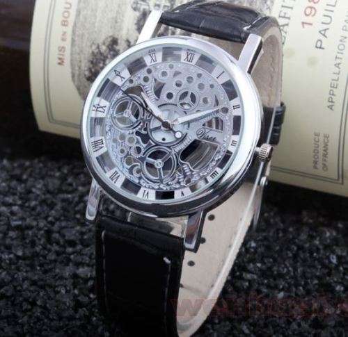 Trendy Men's Stainless Steel & Leather Skeleton Wrist Watch in Black & Silver in Gift Box
