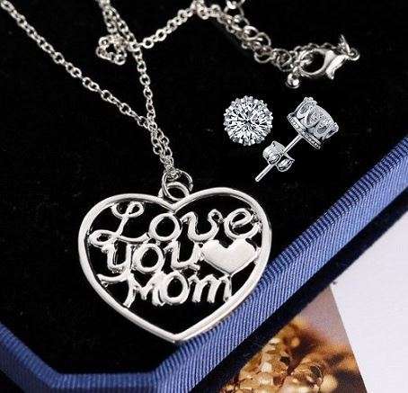 Elegant Silver Plated Jewelry Set With Love You Mom Heart Pendant in Complimentary Gift Box