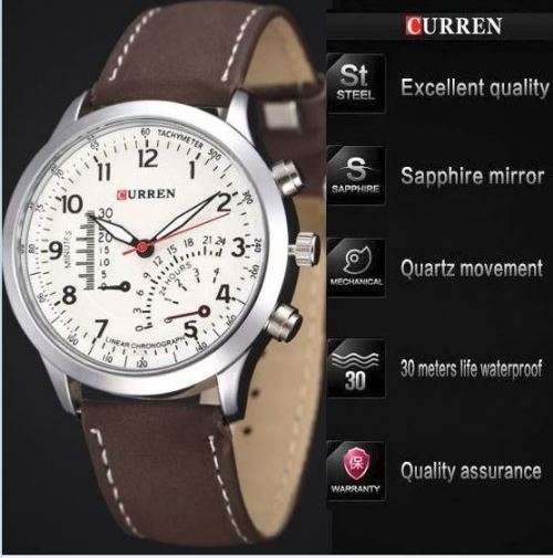 Excellent Quality Curren Sport Wrist Watch With Dark Brown Leather Strap & Sapphire Mirror