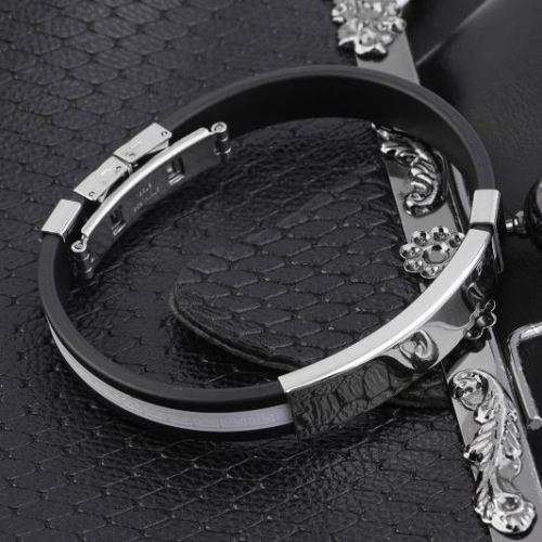 Men's Fashion Black Silicone Bracelet With Stainless Steel Geometric Bezel Setting