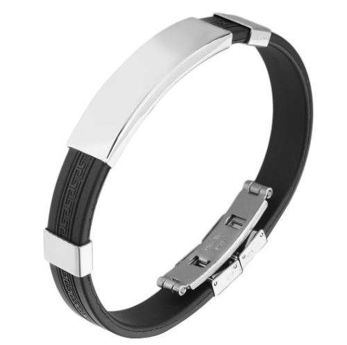 Men's Fashion Black Silicone Bracelet With Stainless Steel Geometric Bezel Setting