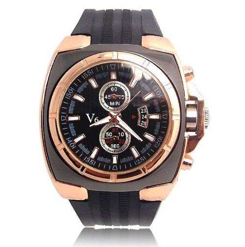 Elegant & Sporty V6 Stainless Steel & Silicone Men's Quartz Wrist Watch in Black & Gold