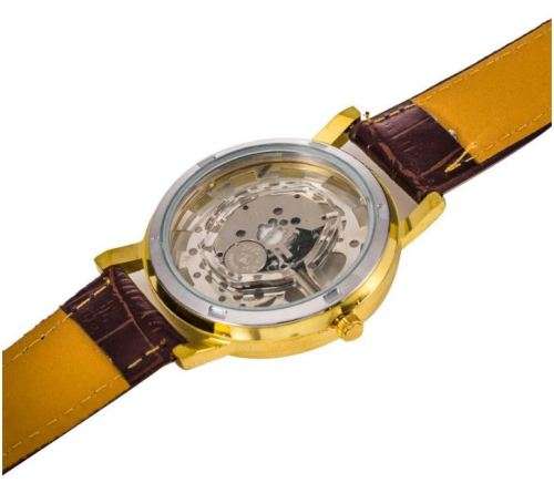 Trendy Men's Stainless Steel & Leather Skeleton Wrist Watch in Gold & Brown