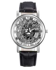 Trendy Men's Stainless Steel & Leather Skeleton Wrist Watch in Black & Silver in Gift Box