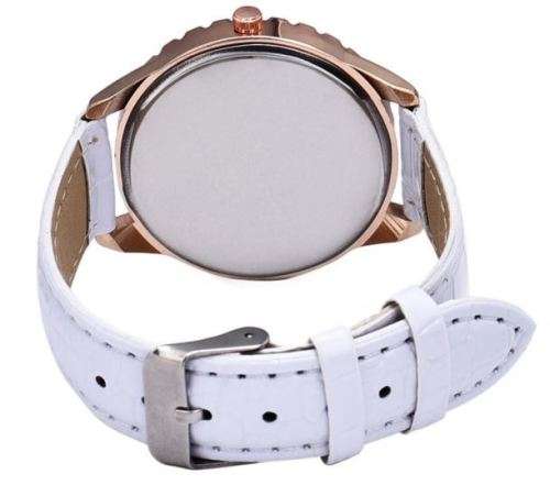 Elegant GERRYDA Ladies Leather Crystal Diamond Shaped Quartz Wrist Watch - Rosegold & White