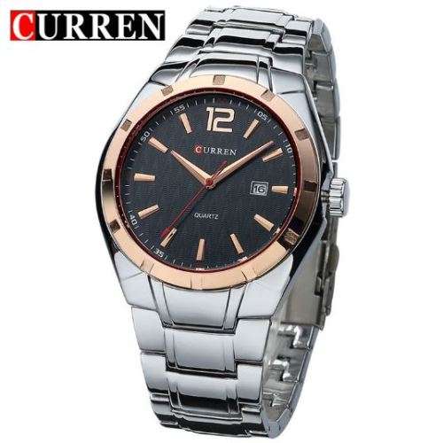 Elegant CURREN AUTO DATE Mens Quartz Wrist Watch With Stainless Steel Strap - Black, Gold & Silver