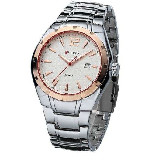 Elegant CURREN AUTO DATE Mens Quartz Wrist Watch With Stainless Steel Strap - White, Gold & Silver