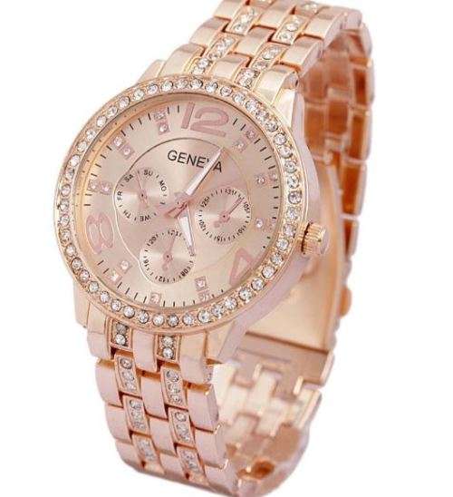 Elegant Ladies Geneva Crystal Quartz Chronograph Wrist Watch in Rose Gold, Gold and Silver