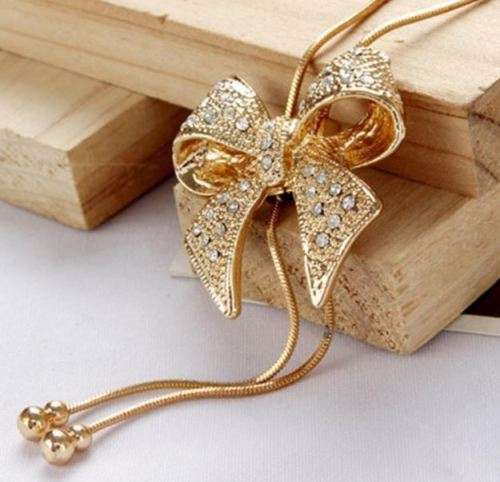 Elegant Gold OR Silver Plated Bow Necklace With Austrian Crystals