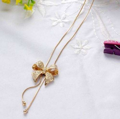 Elegant Gold OR Silver Plated Bow Necklace With Austrian Crystals