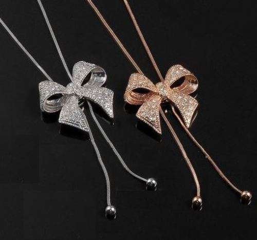 Elegant Gold OR Silver Plated Bow Necklace With Austrian Crystals
