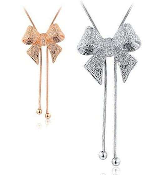 Elegant Gold OR Silver Plated Bow Necklace With Austrian Crystals