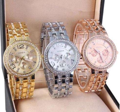 Elegant Ladies Geneva Crystal Quartz Chronograph Wrist Watch in Rose Gold, Gold and Silver