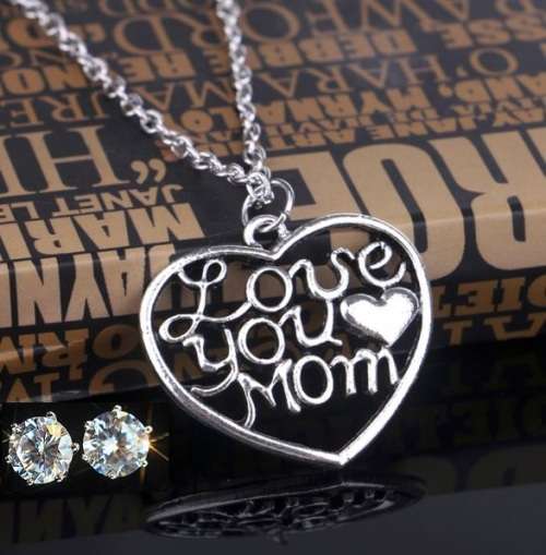 Elegant Silver Plated Jewelry Set With Love You Mom Heart Pendant in Complimentary Gift Box