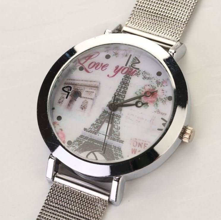 Show Your Love With an Elegant Silver Eiffel Tower Wrist Watch With Mesh Band