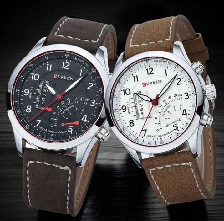 Elegant CURREN Military Leather Mens Wrist Watch - Black & Brown OR White & Brown