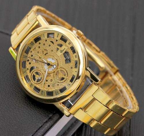 Elegant Men's Business Skeleton Stainless Steel Wrist Watch in Silver / Gold- Complimentary Gift Box